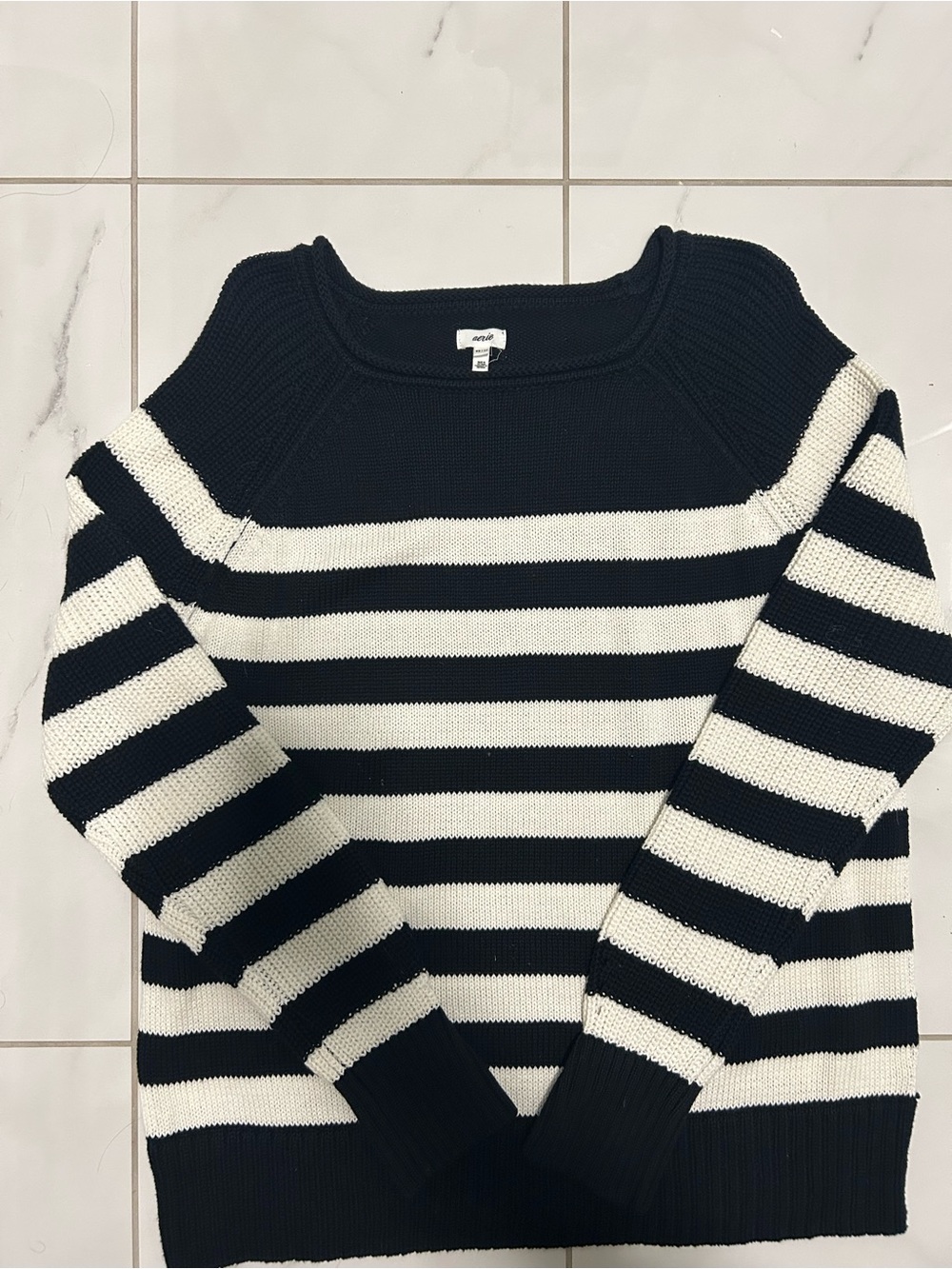 Aerie Black Cream Striped Oversized Raglan Knit Sweater XS Fits Small Medium